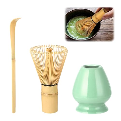 Matcha Ceremony Accessory Set, Japanese Handmade Matcha Whisk, Bamboo Whisk Holder, Traditional Tea Spoon, 100 Prongs, Green Tea Powder Whisk - 3 Piece Set (Mei Ziqing) - Mei Ziqing