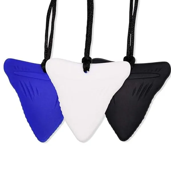 Shark Tooth Chew Necklace, Sensory Chew Necklace Bundle for Kids with Chewing, Teething, ADHD, Autism, Biting Needs, Oral Motor Chewy Teether, Made from Food Grade Silicone Safety, for Boys&Girls - Black, White, Blue