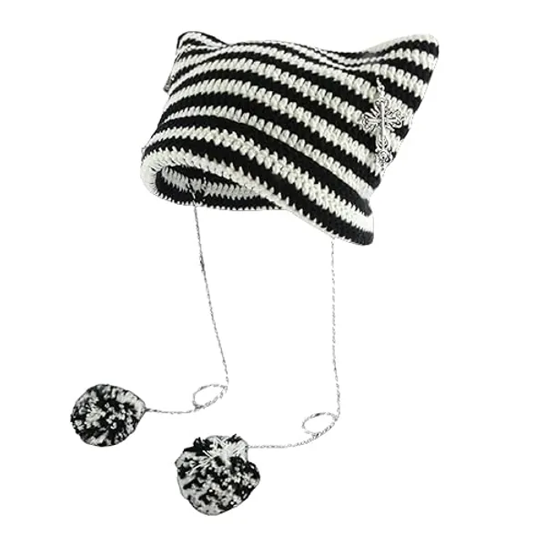 Crochet Hats for Women Vintage Beanies Women Fox Hat Grunge Goth Beanies Hat Y2K Accessories Slouchy Beanies for Women - Medium - White Black