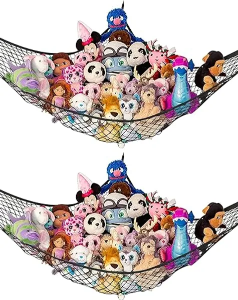 Lilly's Love Large Stuffed Animal Hammock | Corner Hanging Organizer, Stuffed Animal Storage | Easy to Hang Plushie Net w/Included Anchors & Hooks | Cute Room & Bedroom Decor (Black, 2 Pack) - Black - Jumbo 50% More Space