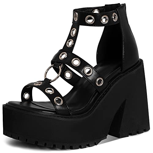 Goiphrri Platform Sandals for Women Chunky Heel Metal Rings Stunning Gladiator Open Toe Ankle Strap Black Punk Goth Party Sandals - 10 - Black
