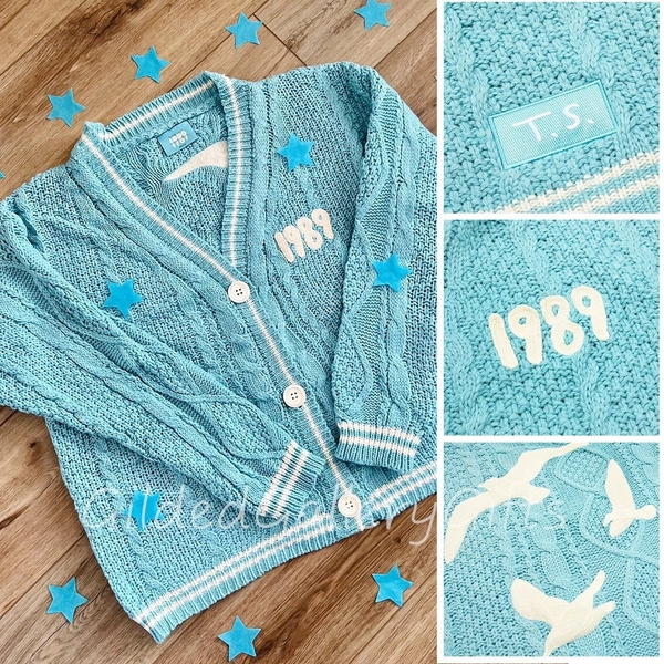 New Limited Edition 1989 Version Cardigan, Sky Blue 1989 Taylors Cardigan with Patch, Seagull Pattern, Handmade 1989 Cardigan, Gift For Fans
