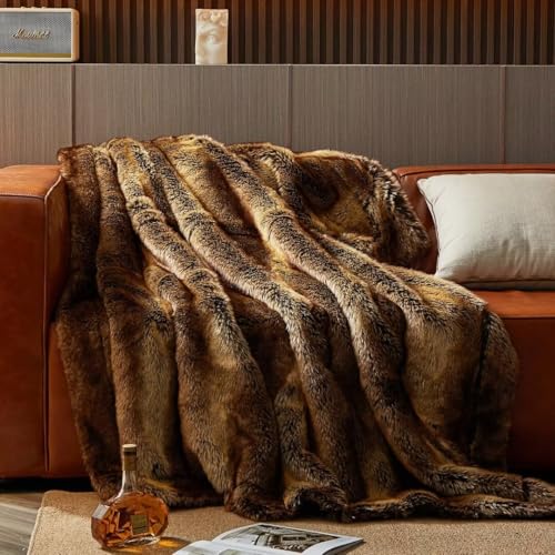 HOMFINE Luxury Faux Fur Blanket - Super Thick Warm Long Fluff Fuzzy Throw Blanket for Bed, Sofa, Couch, Home Decor with Soft Cozy Plush Velvet Back, 60"x80", Deluxe Brown - Brown - 60"x80"