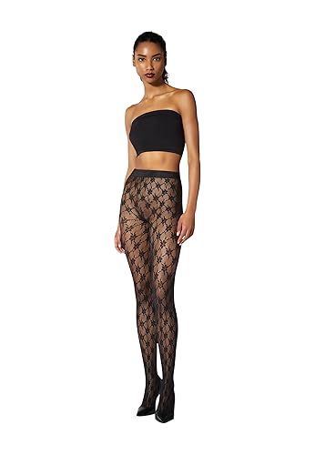Wolford Rose Tights for Women Floral Pattern Sheer Net Hosiery Elastic Logo Waistband Pantyhose Stockings Sustainably Dyed - Black - Medium