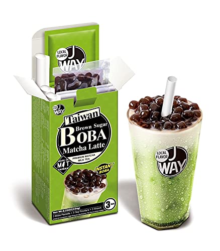 J WAY Instant Boba Bubble Pearl Matcha Milk Tea Kit with Authentic Brown Sugar Tapioca Boba, Ready in Under One Minute, Paper Straws Included - 3 Servings - Matcha Milk Tea with Brown Sugar Boba
