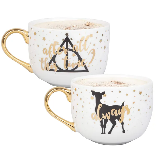 Harry Potter Latte Coffee Mugs, Set of 2 - After All This Time, Always - Deathly Hallows and Doe Patronus Designs - Great Valentines Day Gift - 16 oz - 