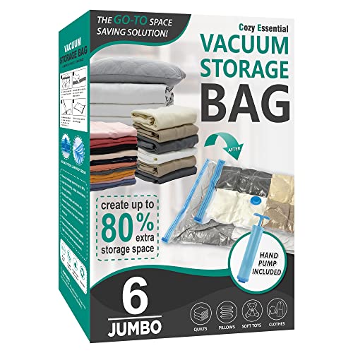 6 Jumbo Vacuum Storage Bags, Space Saver Bags Compression Storage Bags for Comforters and Blankets, Vacuum Sealer Bags for Clothes Storage, Hand Pump Included - 6 Jumbo
