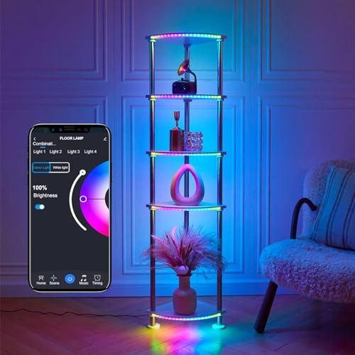 HOPEDAMAI Floor Lamp with Shelves Height Adjustable RGB Floor Lamp with Music Sync LED Corner Floor Lamp with Charging Stationl Dimmable and Timing Standing Lamp for Bedroom White 5-Tier - fan-shaped White 5tier