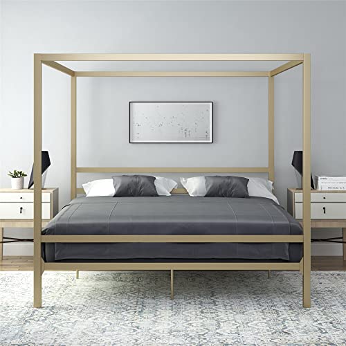 DHP Modern Metal Canopy Platform Bed with Minimalist Headboard and Four Poster Design, Underbed Storage Space, No Box Spring Needed, King, Gold - White Full