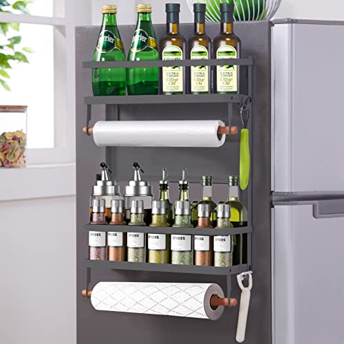 XIAPIA Magnetic Fridge Organizer Spice Rack with Paper Towel Holder and 5 Extra Hooks | 4 Tier Magnet Refrigerator Shelf in Kitchen Holds up to 45 LBS | 16x12x4 Inch Grey - Gray