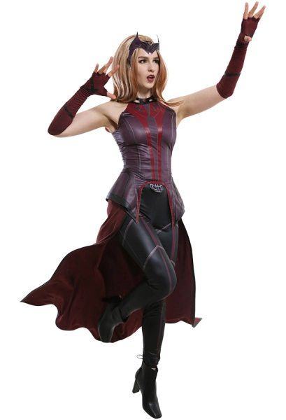 Super Heroine Wanda Maximoff Scarlet Witch Sleeveless Coat Cosplay Costume Outfit Inspired by WandaVision with Outer Skirt and Long Gloves