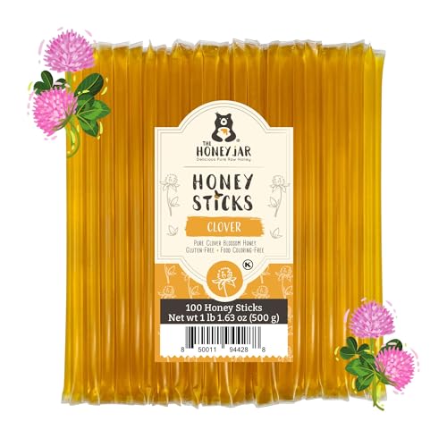 The Honey Jar Plain Raw Sticks - Pure Straws For Tea, Coffee, or a Healthy Treat - One Teaspoon of Flavored Honey Per Stick - Made In The USA with Real Honey - (100 Count) - Plain - Clover - 100 Count (Pack of 1)