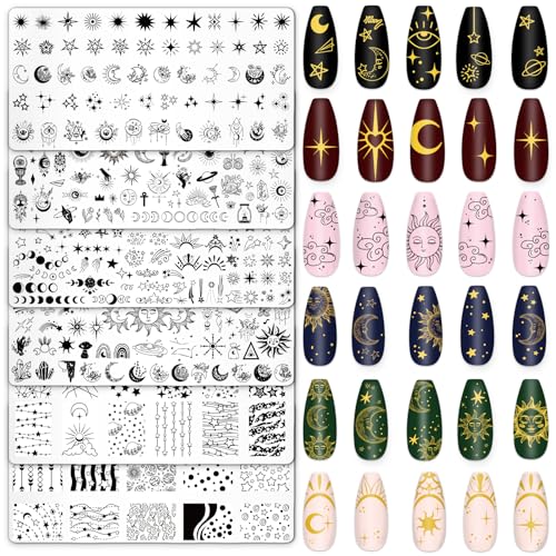 Whaline 6Pcs Sun Moon Star Nail Plates Stamping Set Groovy Stamp Templates Nail Art Plates for DIY Print Manicure Salon Design Gift Supplies - Sun Moon Star