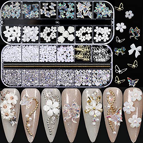 Acrylic Butterfly Flower Bear Nail Art Pendant Art, Multi-shape Pearl Rhinestone Golden Metal Applique Jewelry Accessories Production (S1-Bow Rhinestones) - S1-Bow Flower Rhinestones