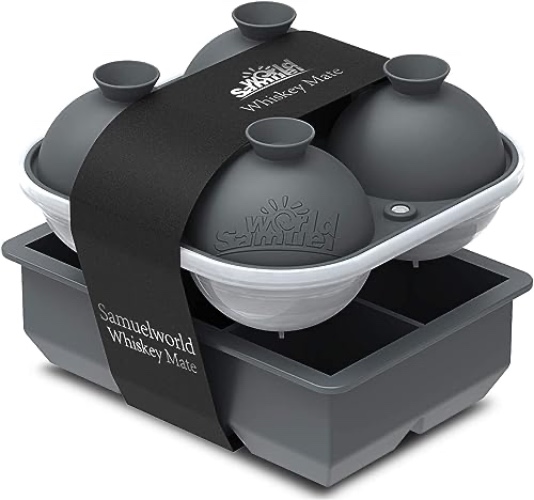 Samuelworld Large Silicone Premium Ice Trays, 2-Pack Combo, 2 Inches Big Cubes & 2.5 Inches Sphere Ice Molds - BPA Free, Craft Ice Maker for Gifting, Whiskey, Cocktails, Easy Release - Gray - Gray - 4 sphere/6 cube