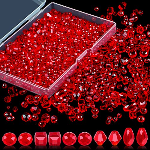 Crystal Beads, 600 Pcs Glass Beads, Assorted Crystal Beads for Jewelry Making, Rondelle Jewelry Beads with Container Box, Glass Beads Bulk for DIY Necklace Bracelet Earring(4/6/8mm, Red Color) - Red