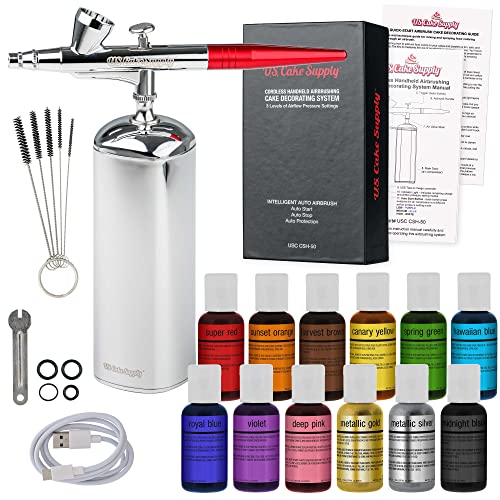 U.S. Cake Supply - Complete Cordless Handheld Airbrush Cake Decorating System, Professional Kit with a Full Selection of 12 Vivid Airbrush Food Colors - Decorate Cakes, Cupcakes, Cookies & Desserts - 12 Color