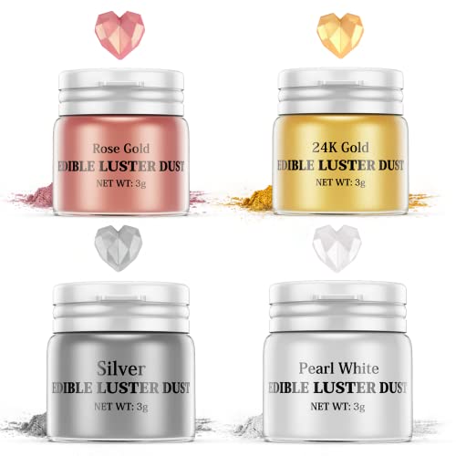 Luster Dust Edible Set - 4 Colors Food Grade Shimmer Nomeca Cake Dust Metallic Food Coloring Powder Glitter for Cake Decorating, Baking, Fondant, Gumpaste, Chocolate, Candy, Drinks, Cookie-(3g/Bottle) - 1-24K Gold-Rose Gold-Silver-Pearl White