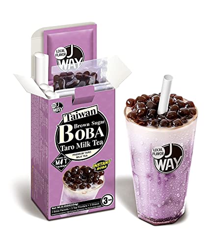 J WAY Instant Boba Bubble Pearl Taro Milk Tea Kit with Authentic Brown Sugar Tapioca Boba, Ready in Under One Minute, Paper Straws Included - 3 Servings - Taro Milk Tea with Brown Sugar Boba