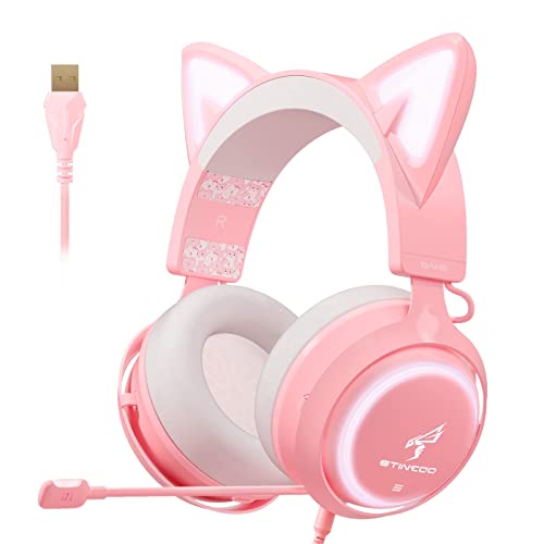 EASARS Cat Ear Headset, Pink Gaming Headset with Retractable Mic, 7.1 Surround Sound, RGB Lighting, Wired Headset for PC, PS4, PS5 - Wired - Pink