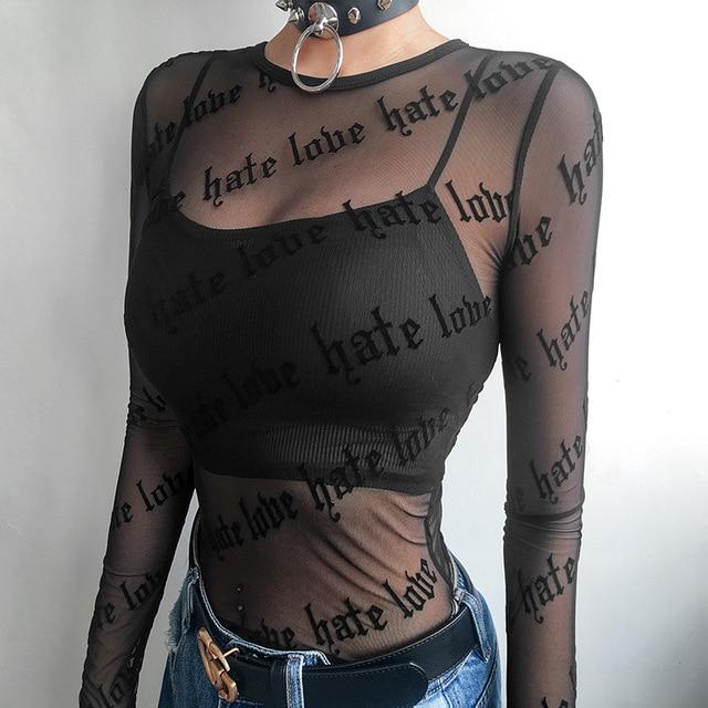 "Love Hate" Mesh Top by White Market - Black / M