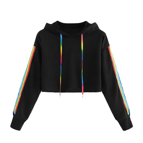 YEBIRAL Damen Sweatshirt, Mädchen Bauchfrei Pullover Streifen Rainbow Pulli Oberteile Mode Sport Crop Tops Casual Kurz Bluse Hoodie Kapuzenpullover