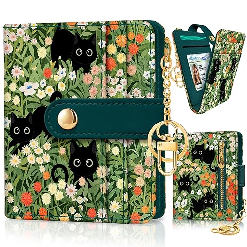 Jogjam Black Cat Floral Rfid Women Wallet, Small Slim Thin Credit Card Wallet, PU Leather Bifold Cash Wallet, Zipper Coin Pocket & ID Window, Female Ladies Teen Girls Girly Wallet - Black Cat Floral
