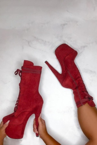Hella Heels High BabyDoll 7inch Boots - Dark Red | Red / UK6 / EU39 / US8