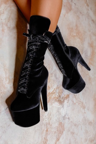 Hella Heels High BabyDoll Velvet 7inch Boots - Russian Roulette | Black / UK6 / EU39 / US8