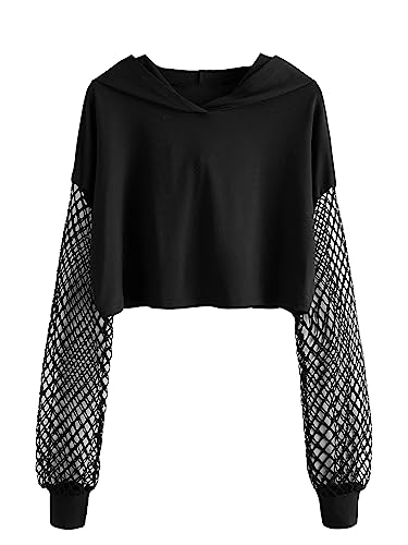 Verdusa Women's Fishnet Crop Hoodie Drop Shoulder Long Sleeve Sweatshirt Pullover - Large - Black