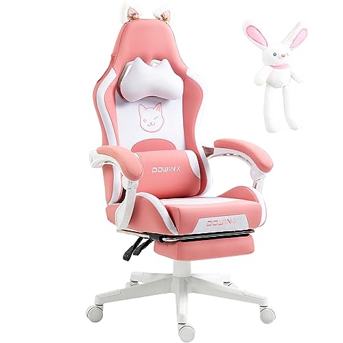 Dowinx Gaming Stuhl - Süße Katze Edition - Ergonomischer Computerstuhl mit Hoher Rückenlehne und Lendenwirbelstütze, PU-Leder, Fußstütze,Rosa - Rosa - Kaninchen