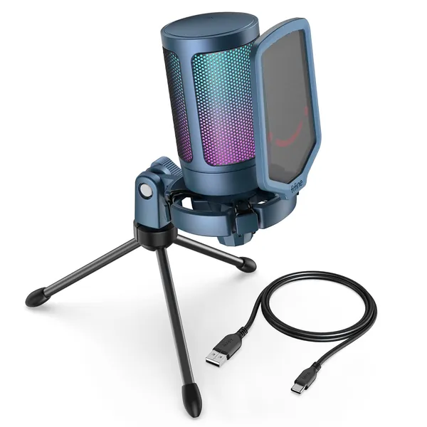 Gaming Streaming USB PC Microphone for Mac OS/Windows, AmpliGame Condenser Cardioid Mic with RGB for Video Vocal Recording Twitch Discord, Gamer Computer Mic-Blue