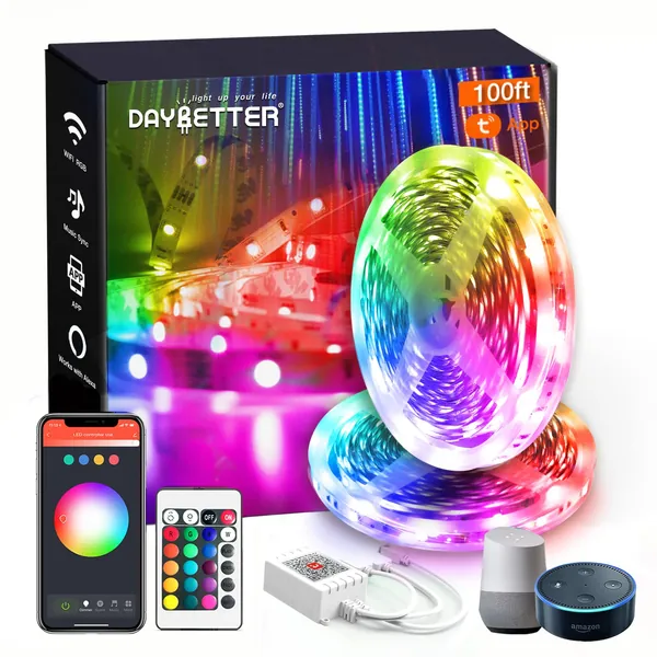 DAYBETTER Led Lights for Bedroom 100ft Led Strip Lights Music Sync Color Changing, Smart WiFi Led Light Strip Works with Alexa and Google Assistant, App Control, Timer, Christmas Decorations Indoor