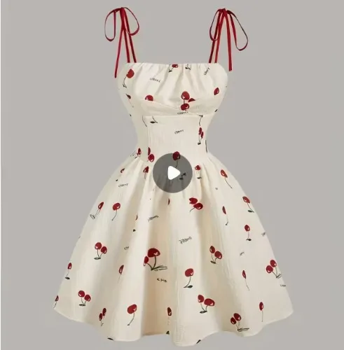 elegant cherry print spaghetti suspender dress sleeveless - Temu New Zealand