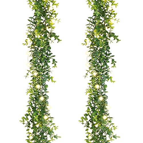 Artflower 2 Pack Artificial Eucalyptus Garland, 6Ft/pcs Faux Eucalyptus Vines Greenery Garland Fake Hanging Eucalyptus Leaves Plant with LED Light String Wedding Backdrop Arch Wall Decor, Grey Green - # Grey Green 3 Pack