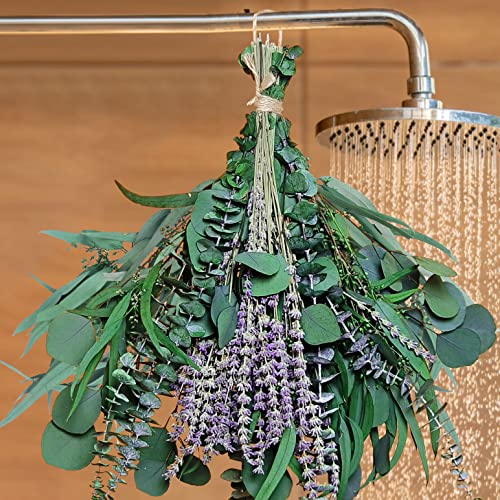 52 PCS Mix Dried Eucalyptus & Lavender Flowers Bundles for Shower, 17'' Natural Real Hanging Silver Dollar Eucalyptus Leaves Stems, Fragrance Fresh Plants Home Decor - 52 pcs