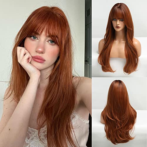 HAIRCUBE Long Auburn Wig with Bangs Layered Curly Orange Wigs for Women Natural Synthetic Wigs for Daily Use (pelucas de cabello natural) - Auburn
