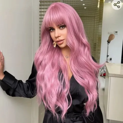 JOOLER Purple Pink Wig with Bangs Pink Wigs for Women Long Wig Natural Wavy Wigs Heat Resistant Fiber Synthetic Color Wigs for Daily Party Cosplay