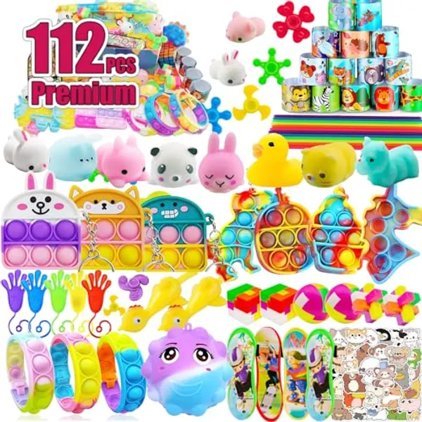 112 PCS Pop Party Favors Toys for kids,Premium Pop Fidget Toys for All Ages kids,Assortment pinata stuffers,classroom prizes,Prize Box Toys,Goody Bag Fillers,Carnival Prizes for Boys and Girls 4-10