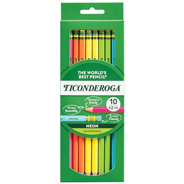 Ticonderoga Wood-Cased Pencils, Pre-Sharpened, 2 HB Soft, Neon Colors, 10 Count