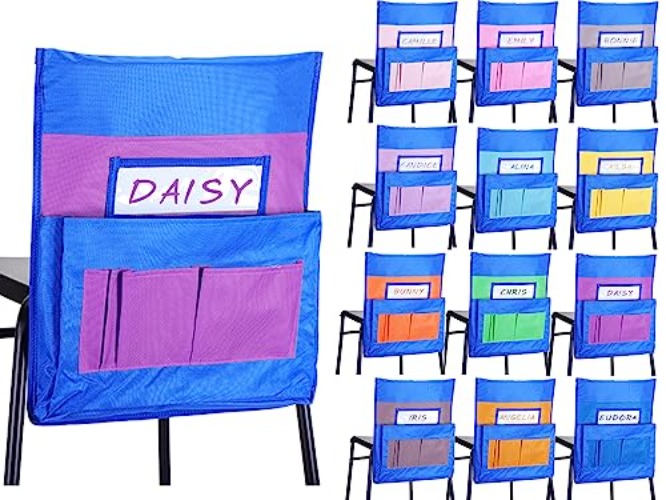 Chapou 16" x 18" Chair Pockets for Classrooms 12 Colors Chair Storage Pocket School Chairback Pocket Chair Bag Organizer with Name Tag Slot and 6 Pockets for Kindergarten Student Book (Candy Color) - Candy Color