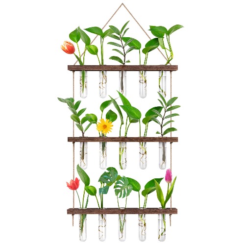 EVEAGE Propagation Station, Wall Hanging Planter Terrarium Retro 3 Tiered Propagation Test Tube for Hydroponic Plants Cutting Home Office Garden Decor with 16 Glass Tubes.