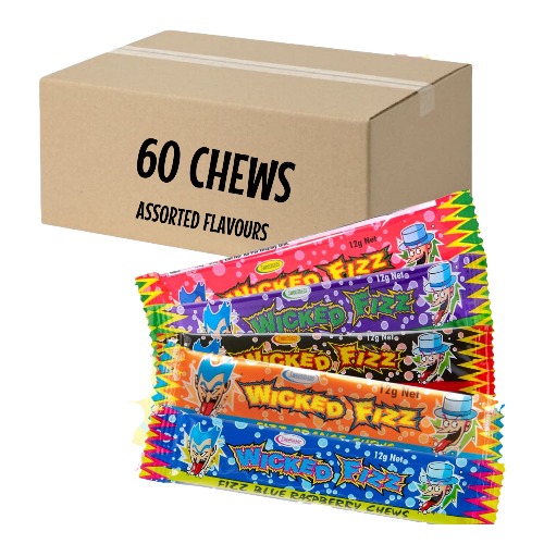 Wicked Fizz Assorted Flavours 60 Bars Bulk Pack - Cola Grape Berry Orange Blue Raspberry - Bulk Value Pack