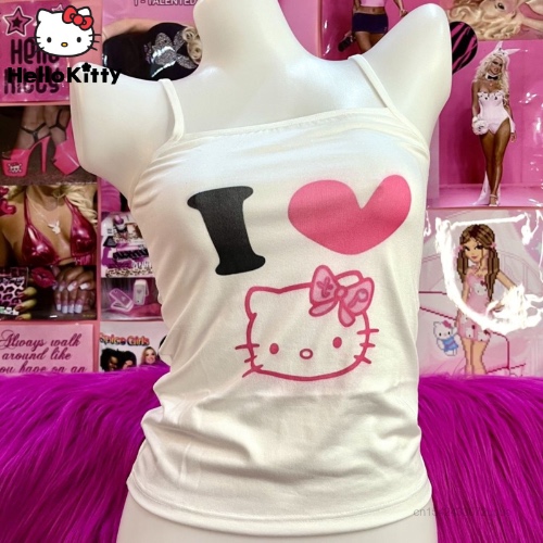 Sanrio Hello Kitty Suspenders Women Clothes Cute Vest Y2k Spicy Girl Soft Stretchy Tank Top Female Cartoon Print White Camisole - AliExpress 