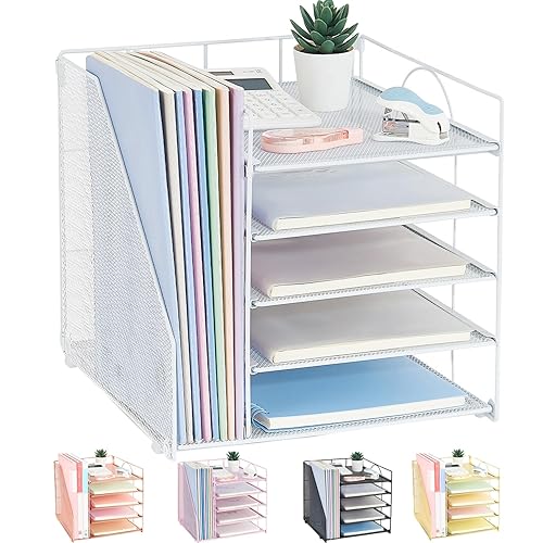 LEKETREE Desk Organizers and Accessories, 5-Tier Paper Letter Tray Organizer with File Holder, Desktop Organizer for Office Supplies, Office Desk Accessories & Workspace (White) - White