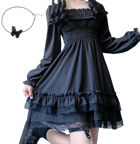SUNNYSTEP Gothic Cosplay Lolita Dress, S-6XL, Black, Long Sleeve, Lolita with Butterfly Choker, Ruffle, Lace, Simple, Large Size, Knee Length - XL
