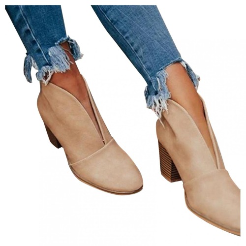 Boots for Women Low Heel Retro V Cutout Comfy Short Boots Breathable Stacked Chunky Heel Faux Leather Ankle Booties - Khaki 8
