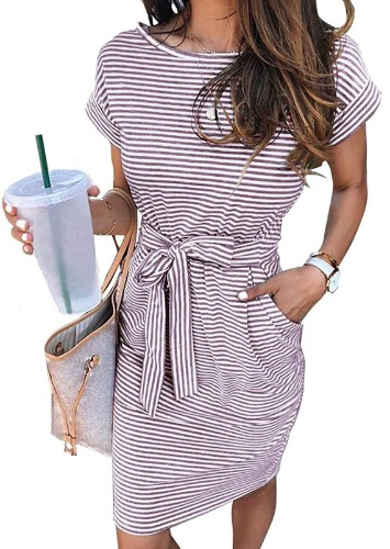 MEROKEETY Women's Summer Striped Short Sleeve T Shirt Dress Casual Tie Waist with Pockets - Navy Large