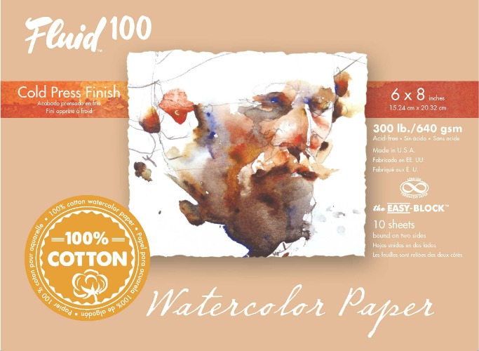 Fluid 100 Artist Watercolor Block, 300 lb (640 GSM) 100% Cotton Cold Press Pad for Watercolor Painting and Wet Media w/ Easy Block Binding, 6 x 8 inches, 10 Sheets