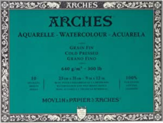 Arches Watercolor Block 9x12-inch Natural White 100% Cotton Watercolor Paper - 10 Sheets of Arches 300 lb Watercolor Paper Cold Press - Watercolor Paper Block for Gouache Ink Acrylic and More